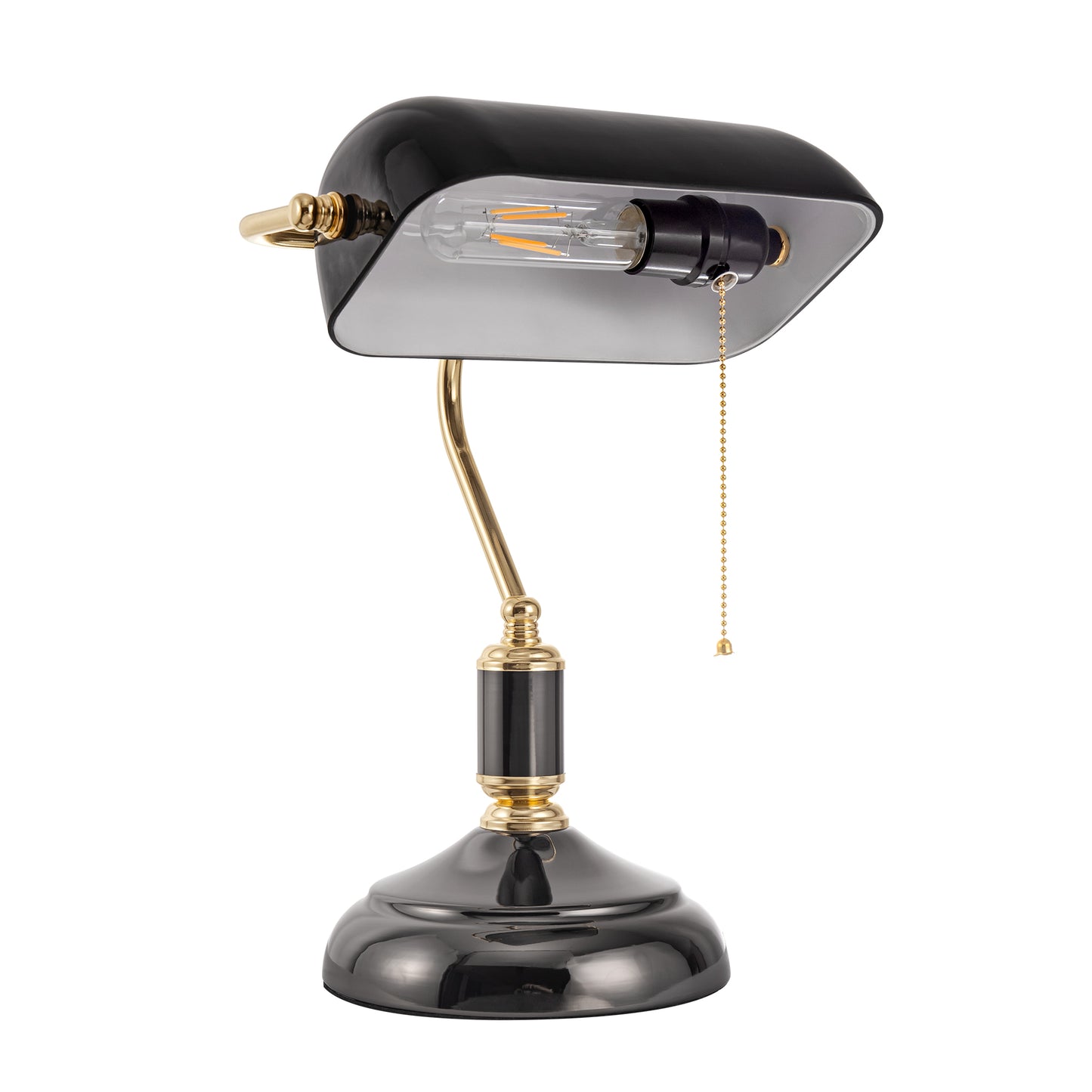 15 in. Black Glass Task and Reading Bankers Lamp with Gold Trim and Pull Chain Switch, Adjustable Desk Light for Office