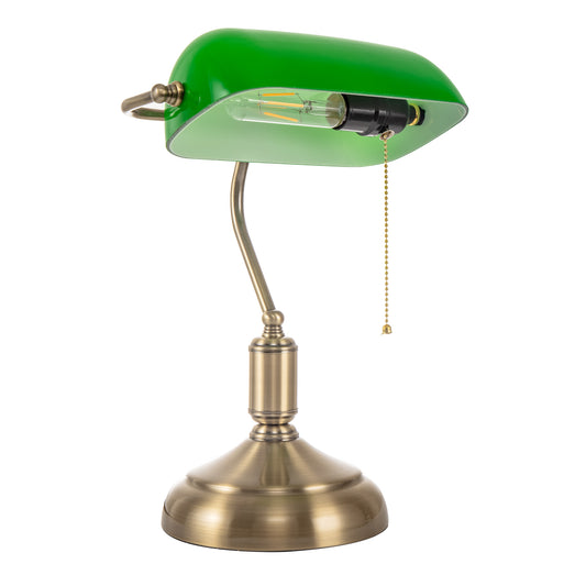 YANSUN 15 in. 1-Light Rustic Brass Table Lamp with Green Glass Shade E26, Modern Table Lighting for Bedroom or Living Room