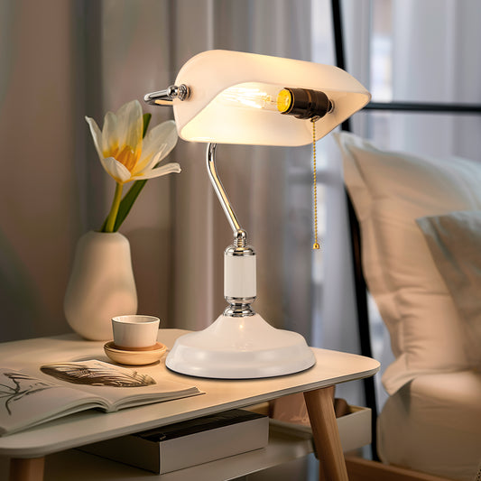 15 in. Silver Task and Reading Bankers Lamp with White Glass Shade and Pull Chain, 350° Adjustable Desk Lamp for Bedroom