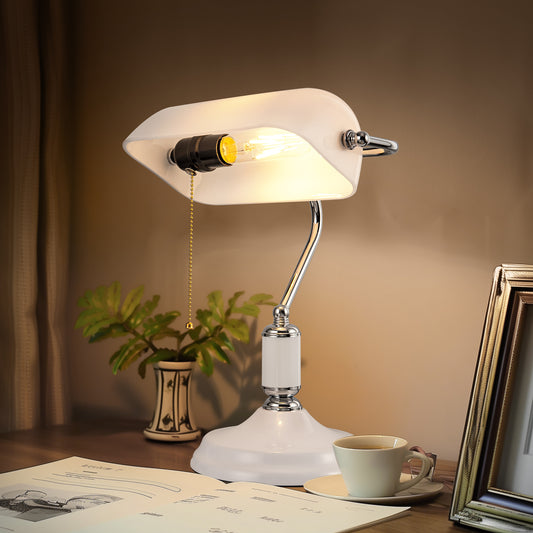 15 in. Silver Task and Reading Bankers Lamp with White Glass Shade and Pull Chain, 350° Adjustable Desk Lamp for Bedroom