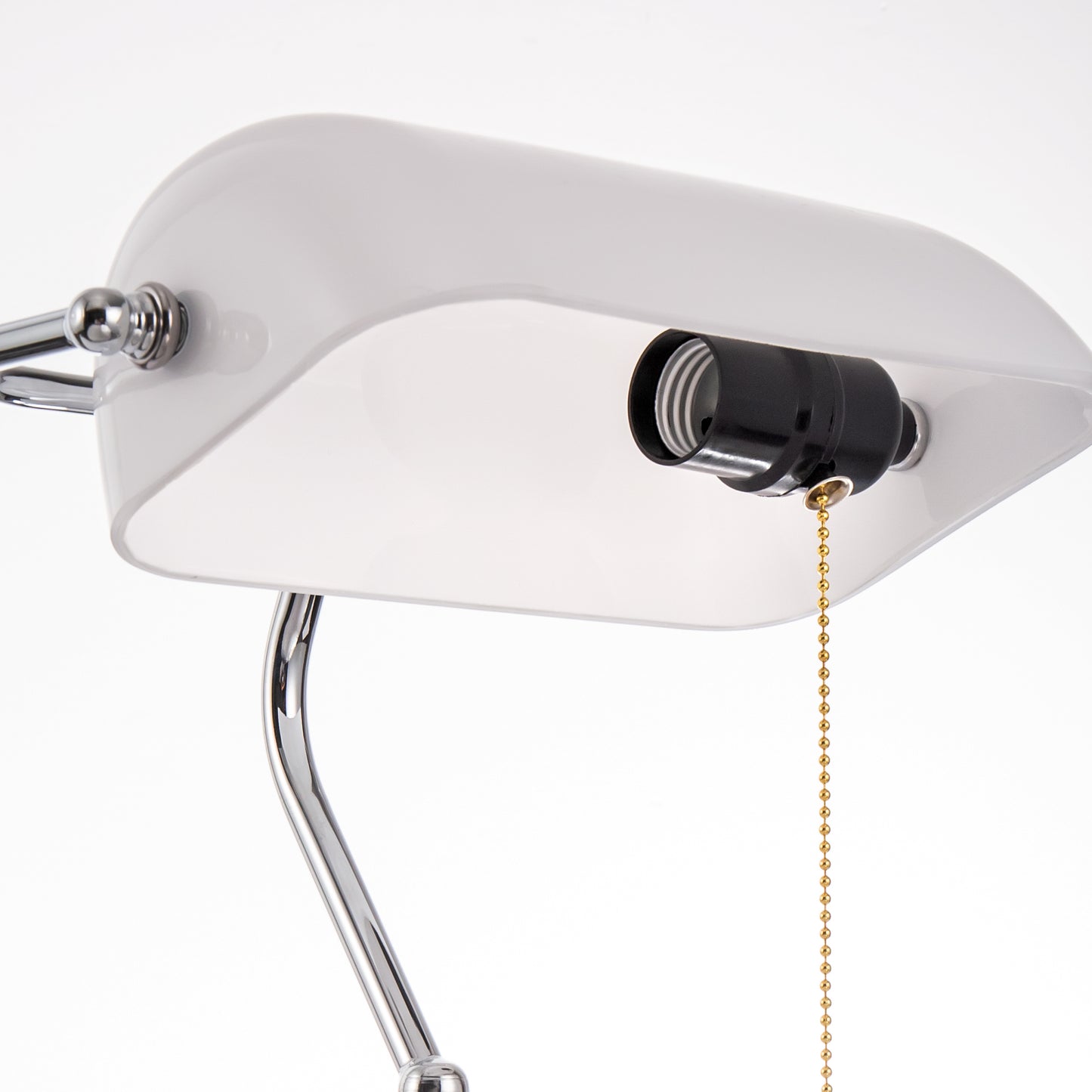 15 in. Silver Task and Reading Bankers Lamp with White Glass Shade and Pull Chain, 350° Adjustable Desk Lamp for Bedroom