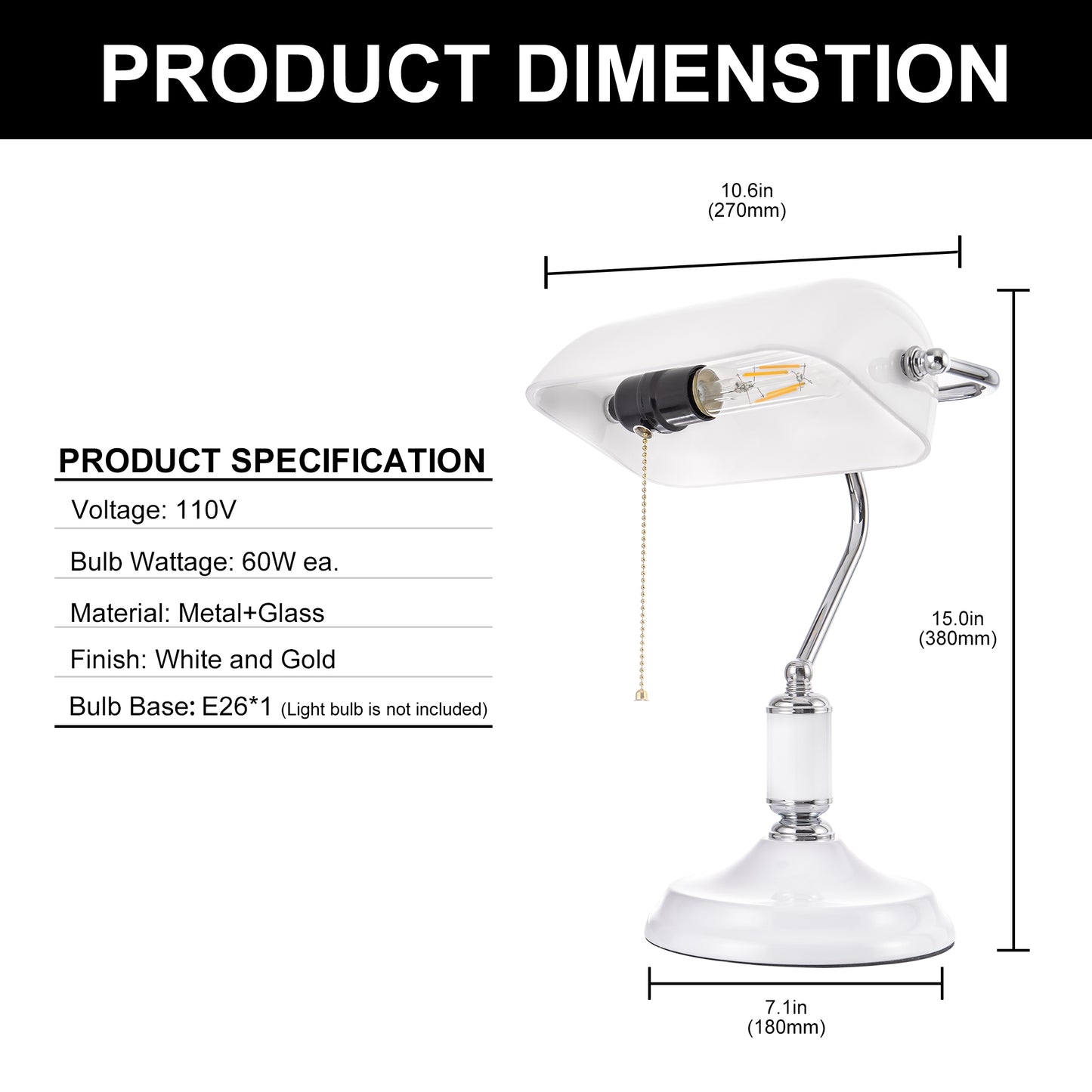 15 in. Silver Task and Reading Bankers Lamp with White Glass Shade and Pull Chain, 350° Adjustable Desk Lamp for Bedroom