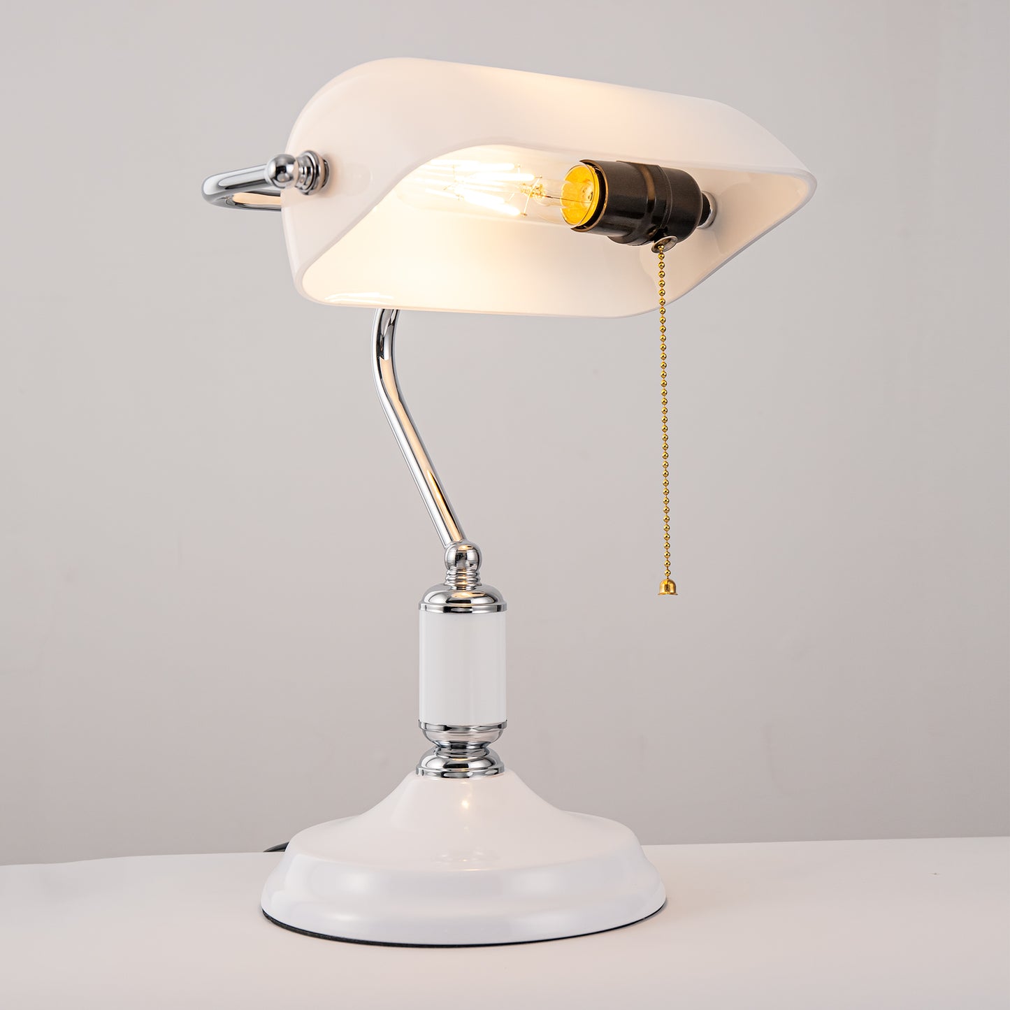 15 in. Silver Task and Reading Bankers Lamp with White Glass Shade and Pull Chain, 350° Adjustable Desk Lamp for Bedroom