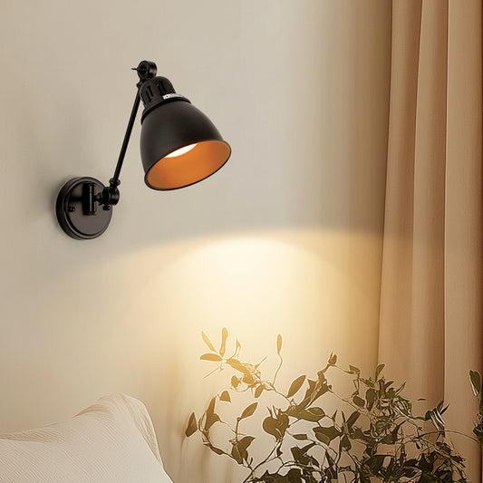6 in. Set of 2 Black Gold Swing Arm Wall Sconces - Plug-in or Hardwired Adjustable Wall Lamps for Bedroom or Office