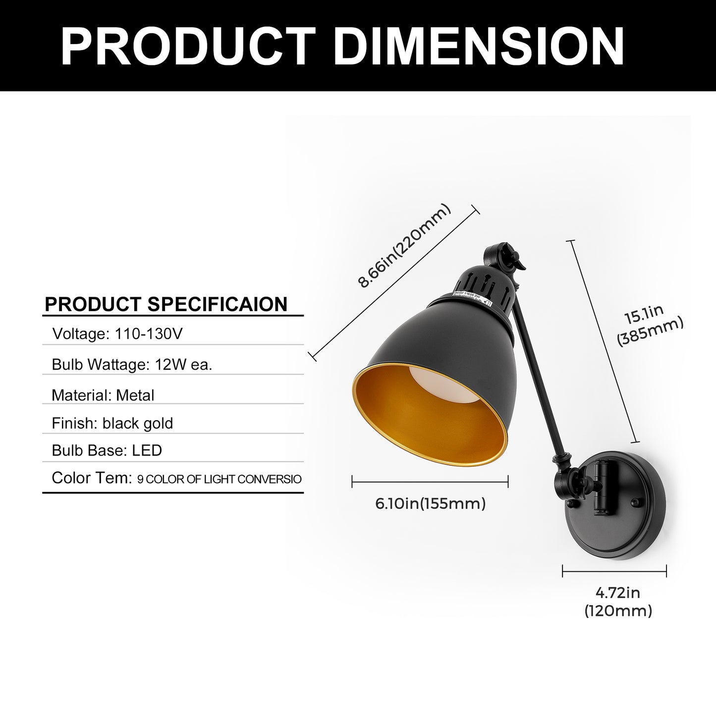 6 in. Set of 2 Black Gold Swing Arm Wall Sconces - Plug-in or Hardwired Adjustable Wall Lamps for Bedroom or Office