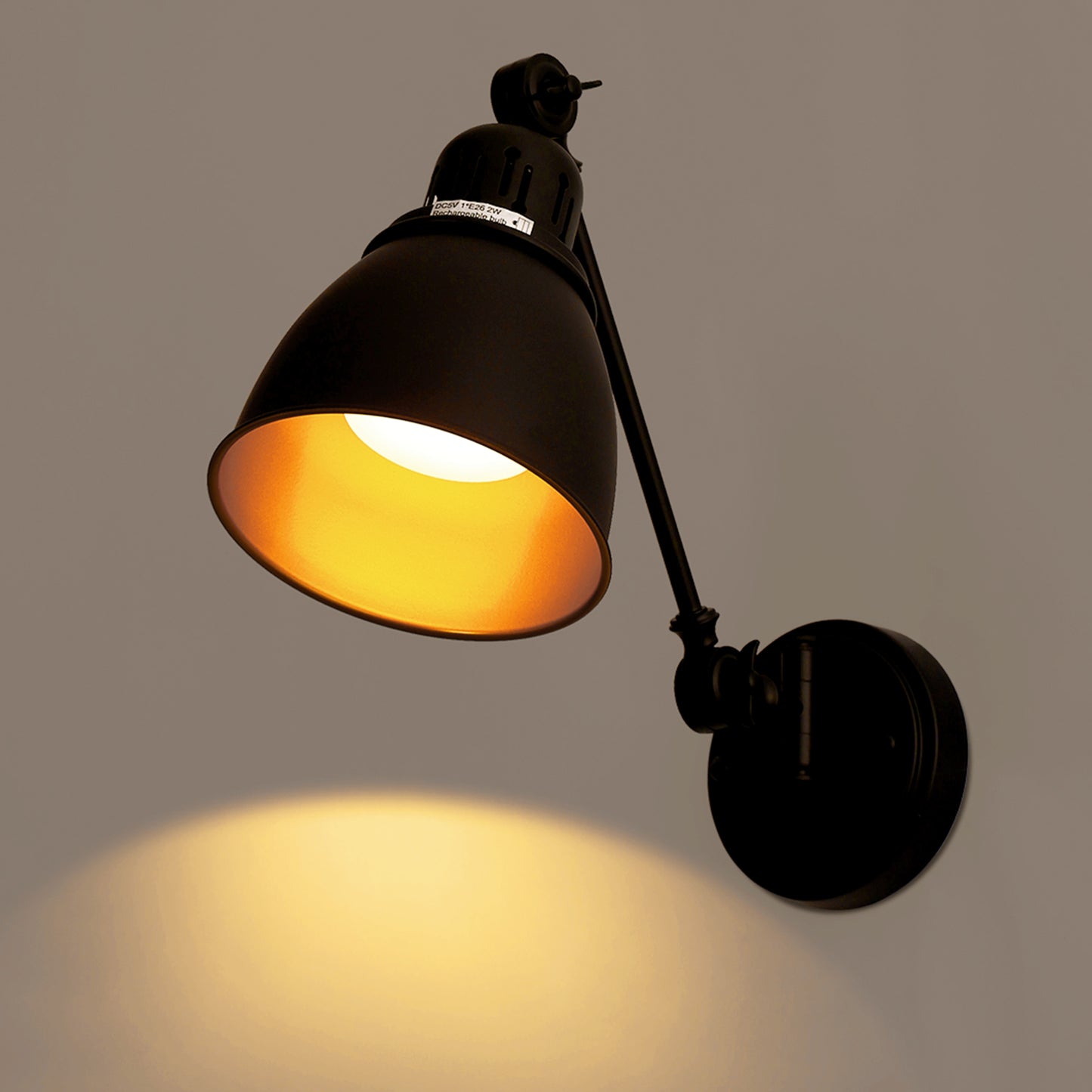 6 in. Set of 2 Black Gold Swing Arm Wall Sconces - Plug-in or Hardwired Adjustable Wall Lamps for Bedroom or Office