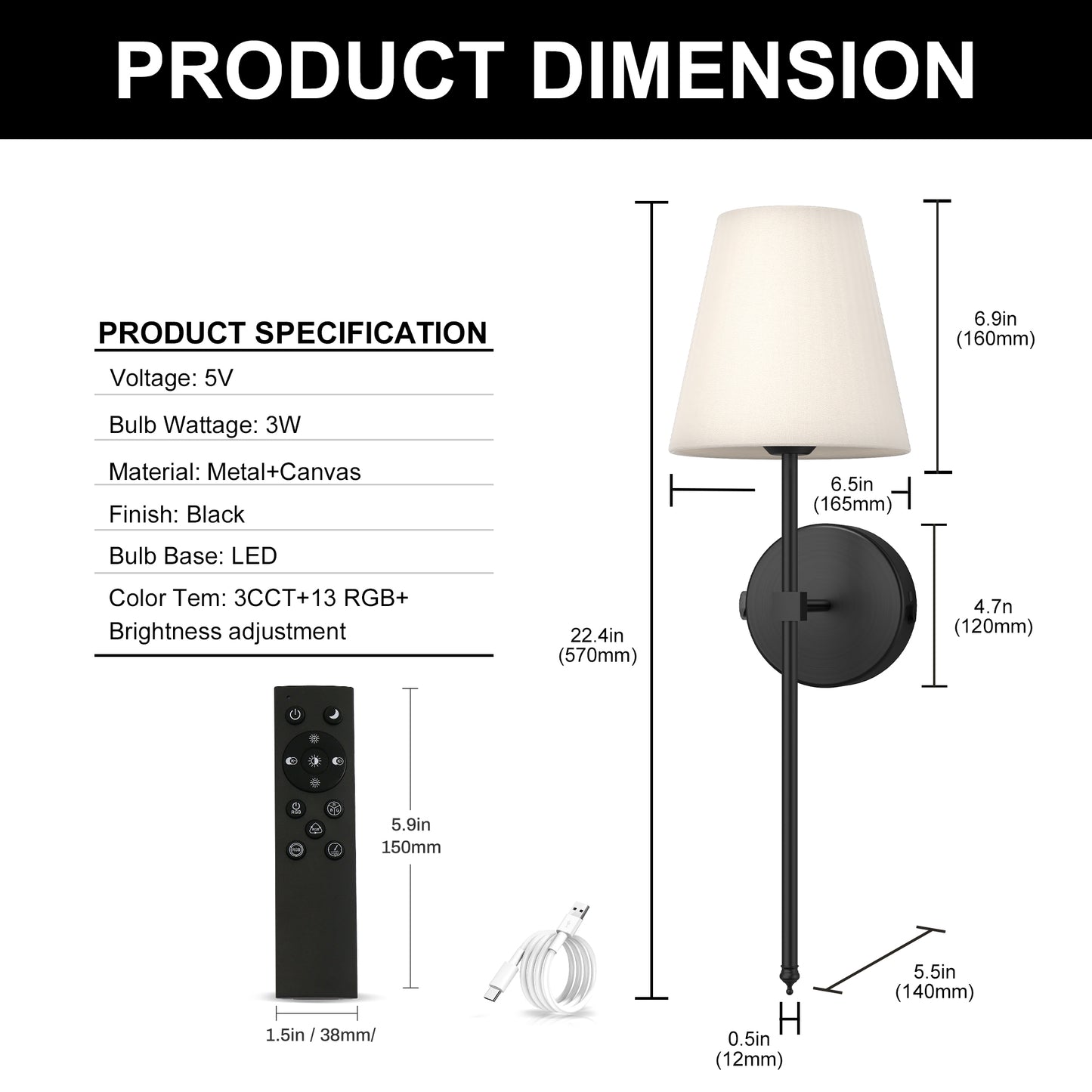 8 in. 1-Light Black Wall Sconce, Rechargeable Wall Sconce with Detachable Bulbs and Fabric Shade for Living Room(2-Pack）
