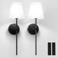 8 in. 1-Light Black Wall Sconce, Rechargeable Wall Sconce with Detachable Bulbs and Fabric Shade for Living Room(2-Pack）