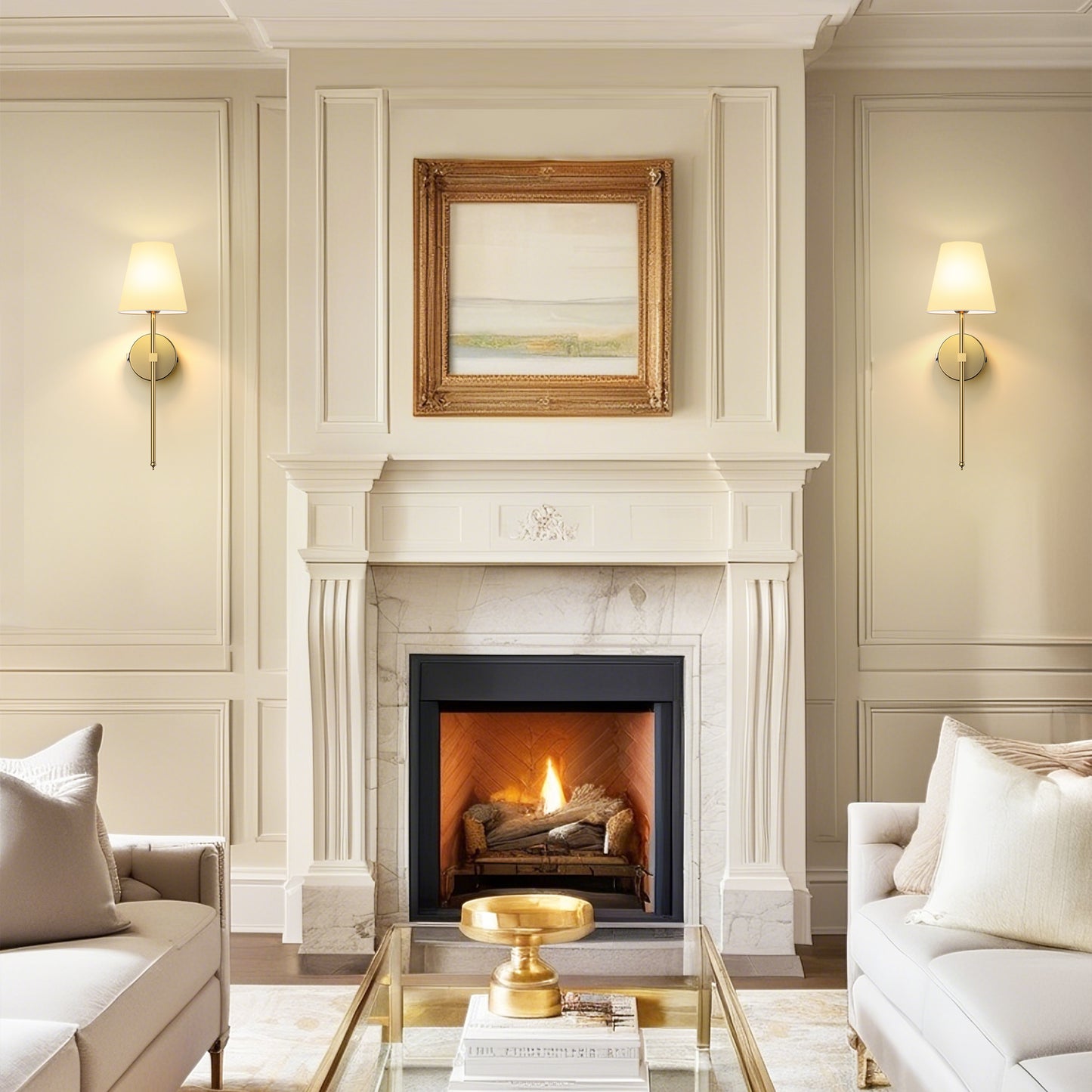 YANSUN 8 in. 1-Light gold Wall Sconce Lamp, Indoor with White Fabric Shade Suitable for Living Room (2-Pack)