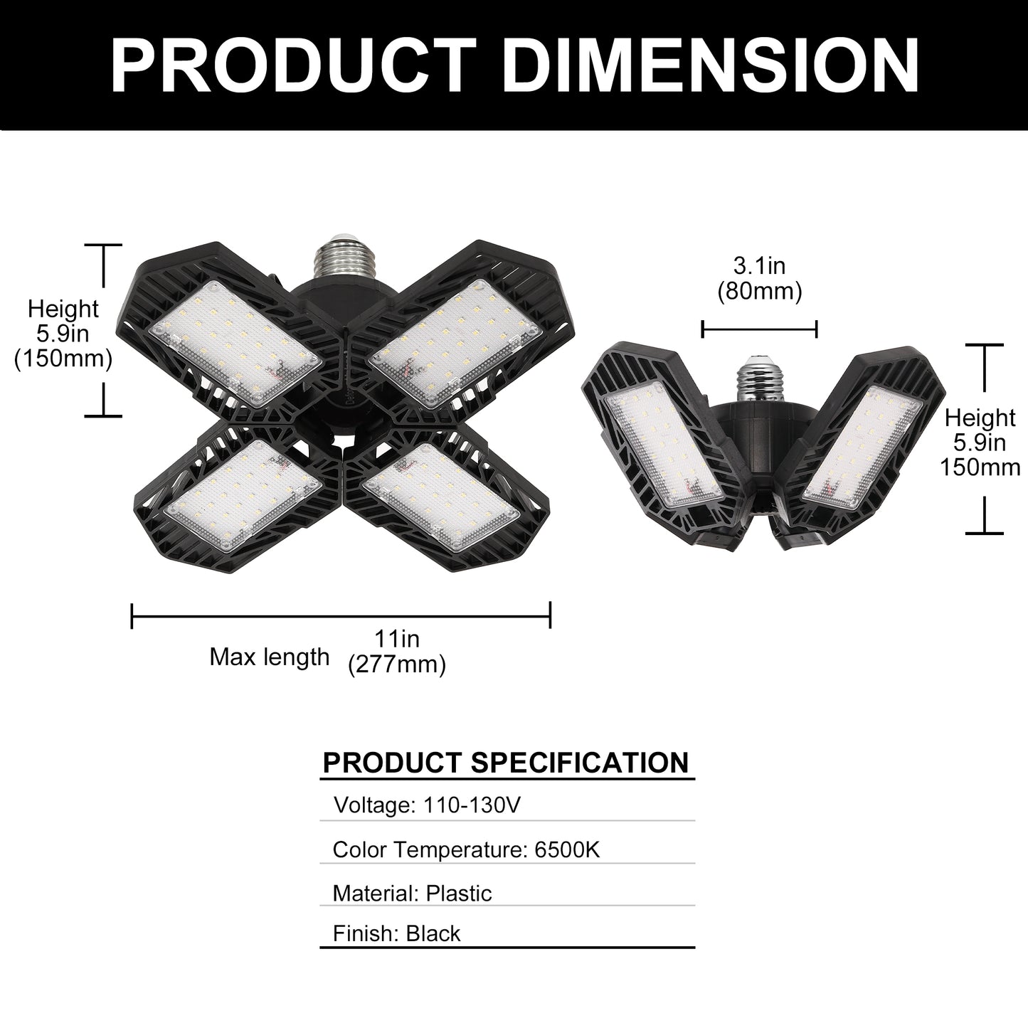 Ultra Bright Garage LED Light – 60W, Adjustable 4-Leaf Panels, 6500K Daylight, Tool-Free Install