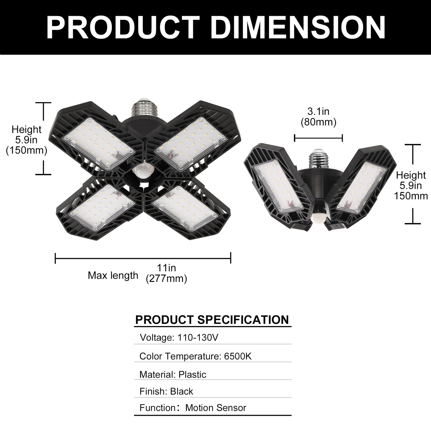 11 in. 60-Watt Black Motion Sensor LED Flush Mount Adjustable LED Garage Light with Foldable Panels
