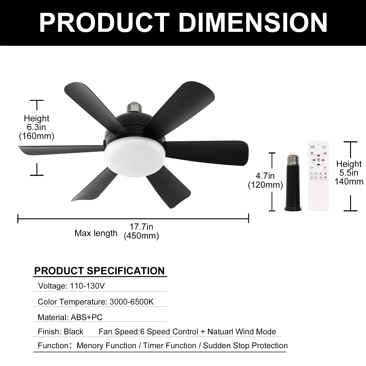 18 in. Indoor Black Standard Ceiling Fan with Adjustable White Integrated LED Flush Mount Light