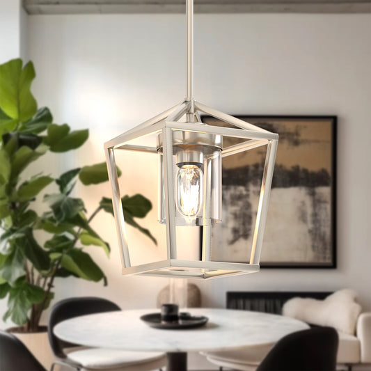 7 in. 1-Light Brushed Nickel Modern Farmhouse Cage Lantern Pendant with Clear Glass