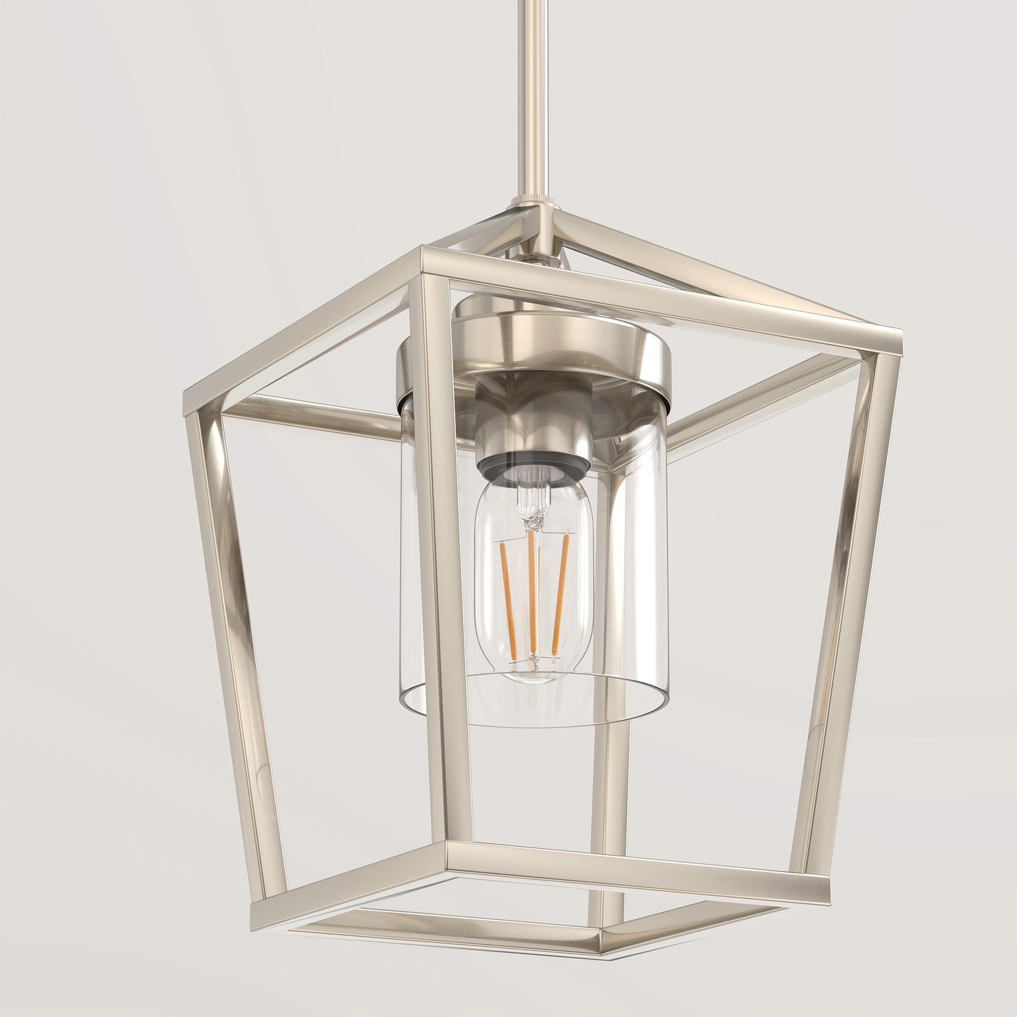 7 in. 1-Light Brushed Nickel Modern Farmhouse Cage Lantern Pendant with Clear Glass