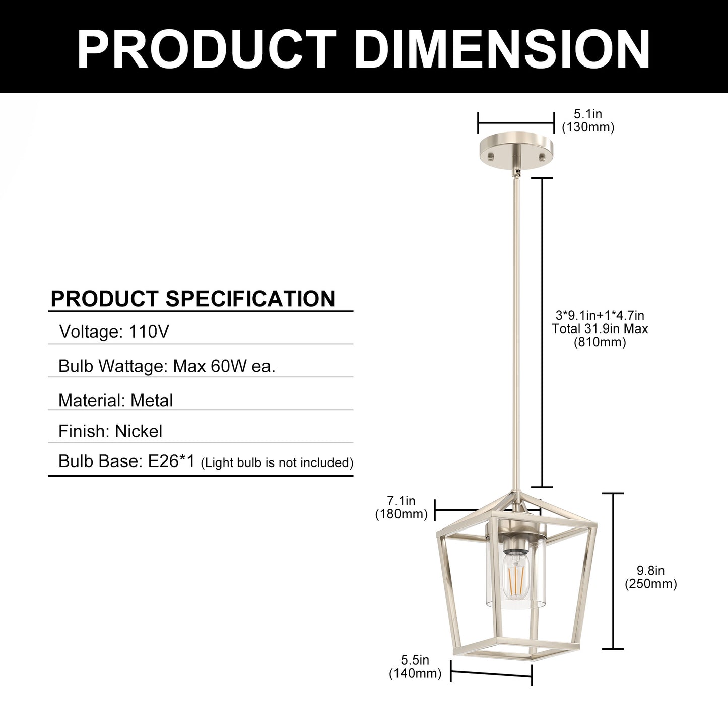 7 in. 1-Light Brushed Nickel Modern Farmhouse Cage Lantern Pendant with Clear Glass