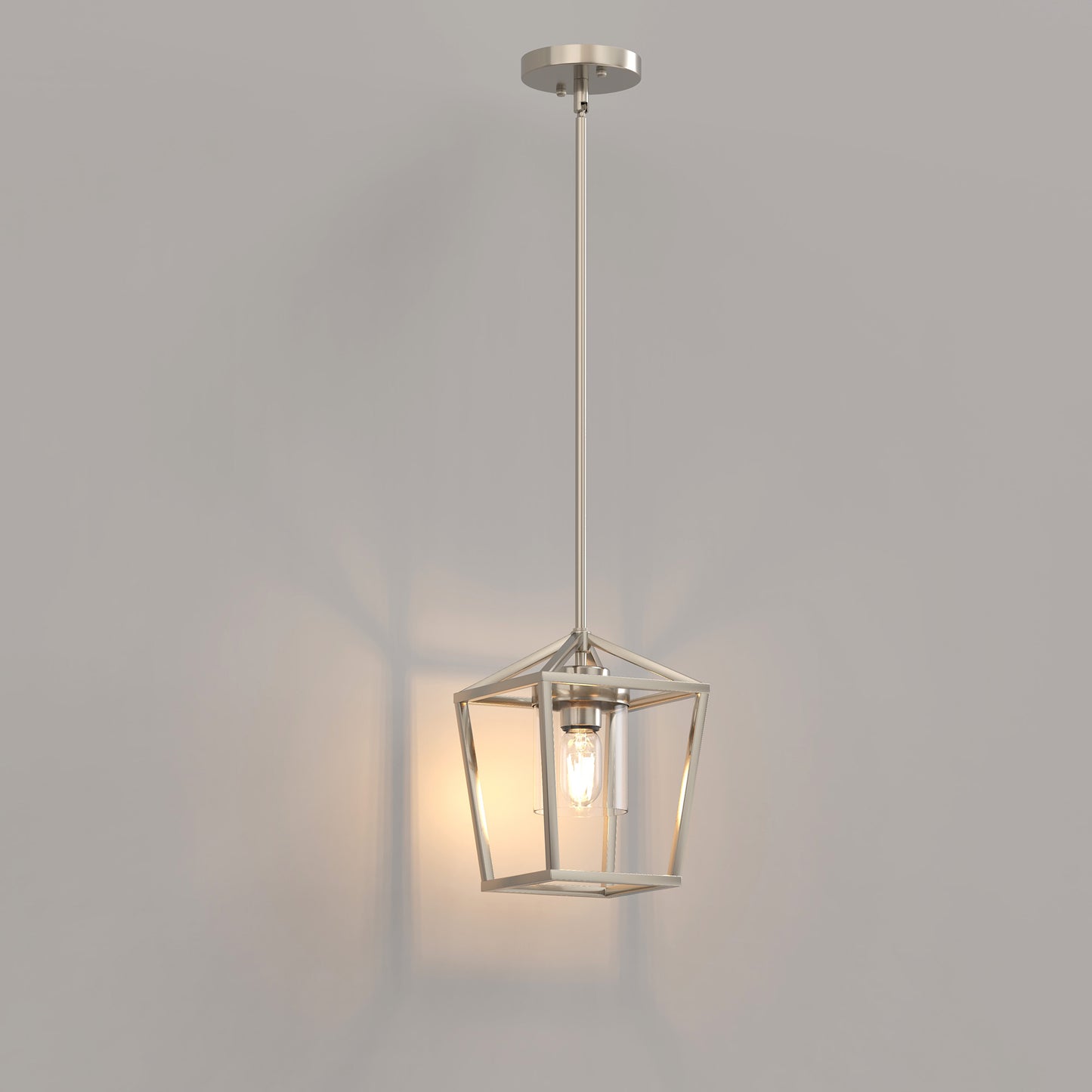 7 in. 1-Light Brushed Nickel Modern Farmhouse Cage Lantern Pendant with Clear Glass