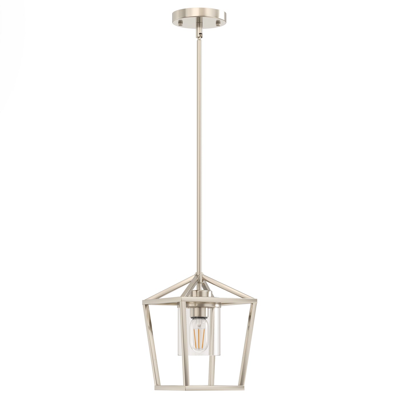 7 in. 1-Light Brushed Nickel Modern Farmhouse Cage Lantern Pendant with Clear Glass