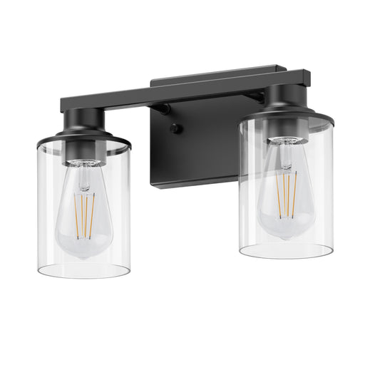 14 in. 2 Light Bathroom Vanity Light, Modern Matte Black Bathroom Light Fixtures Over Mirror with Clear Glass Shade