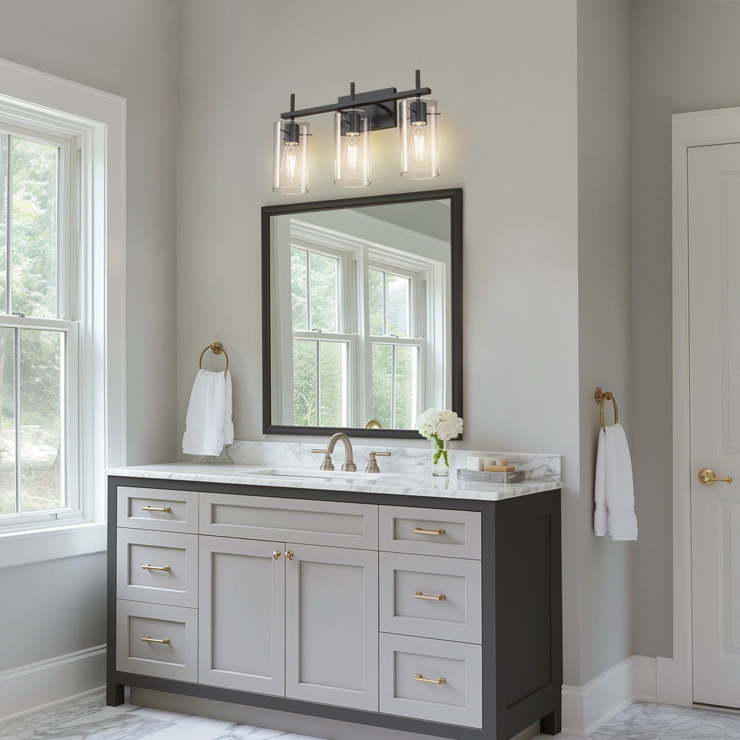 20 in. 3-Light Bathroom Fixture,Matte Black Metal Vanity Light with Clear Glass Shades, Modern Bathroom Lighting