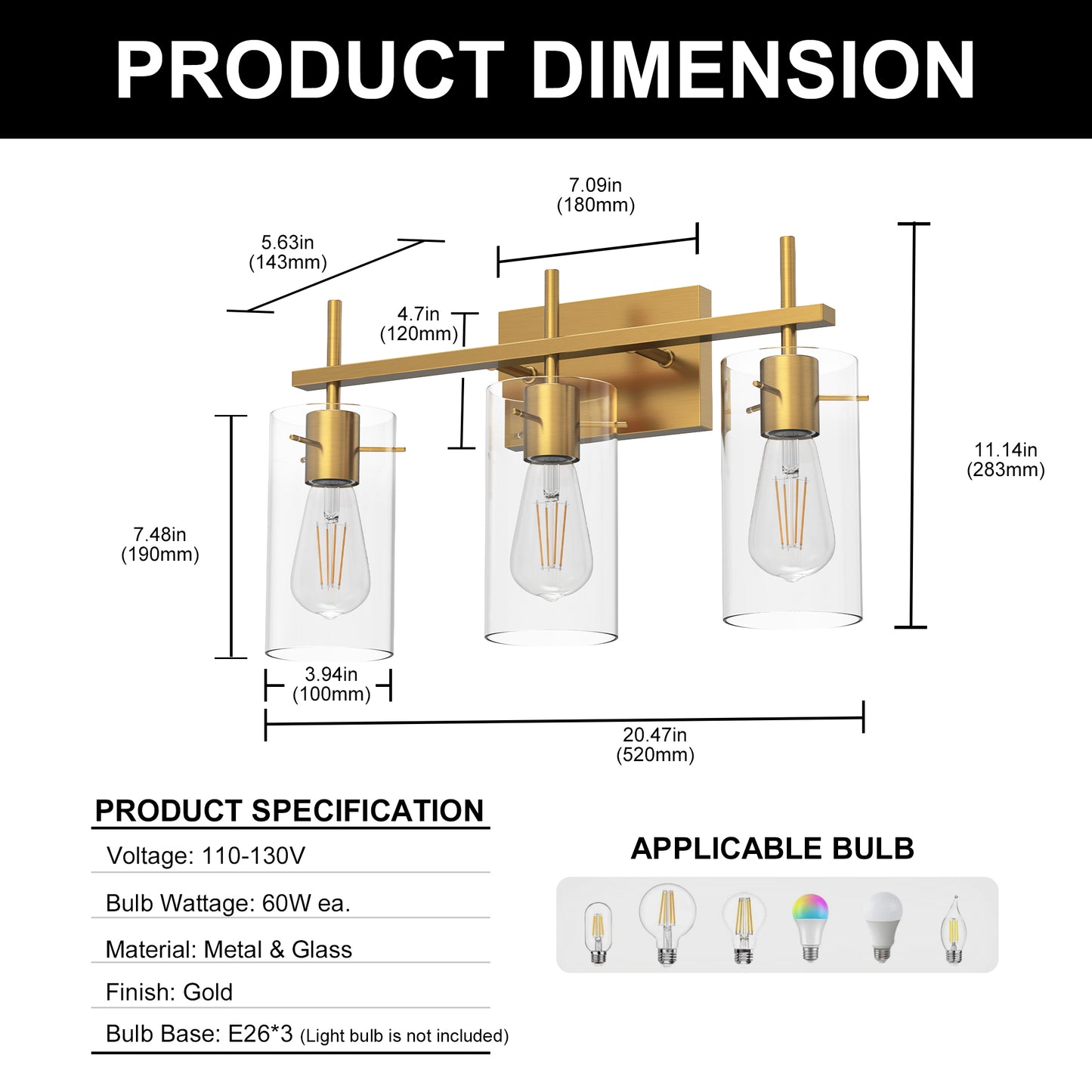 20 in. 3-Light Bathroom Fixture, Gold Metal Vanity Light Frame with Clear Glass Shades, Modern Bathroom Lighting