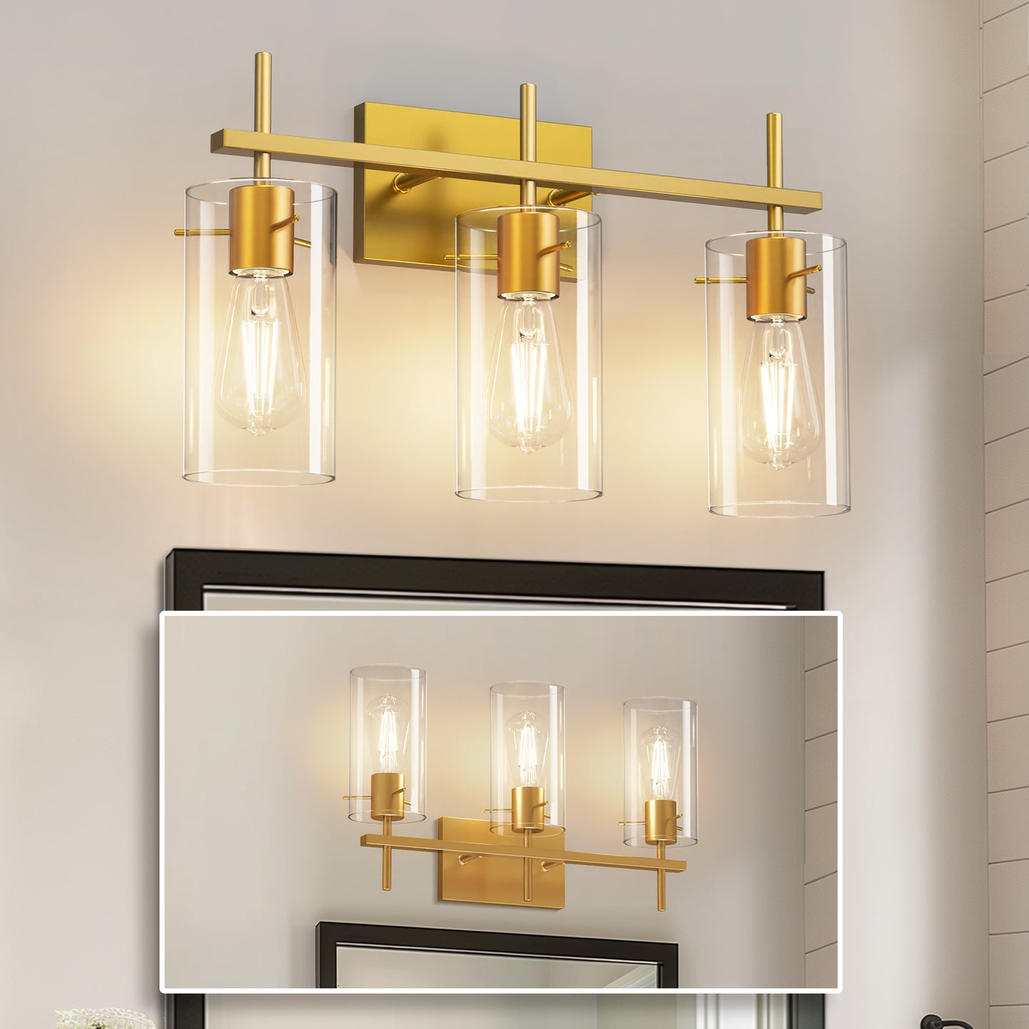 20 in. 3-Light Bathroom Fixture, Gold Metal Vanity Light Frame with Clear Glass Shades, Modern Bathroom Lighting