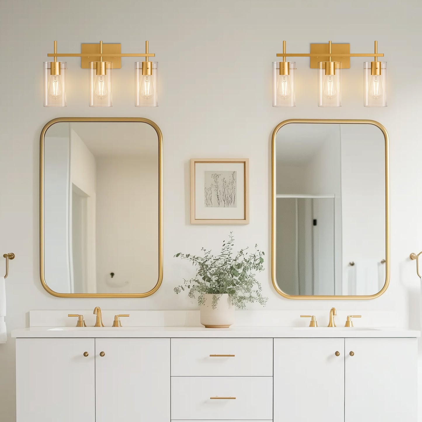 20 in. 3-Light Bathroom Fixture, Gold Metal Vanity Light Frame with Clear Glass Shades, Modern Bathroom Lighting