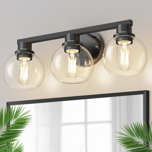 19 in. 3-Light Black Bathroom Vanity Light, LED Interior Powder Room Lighting with Clear Globe Shades