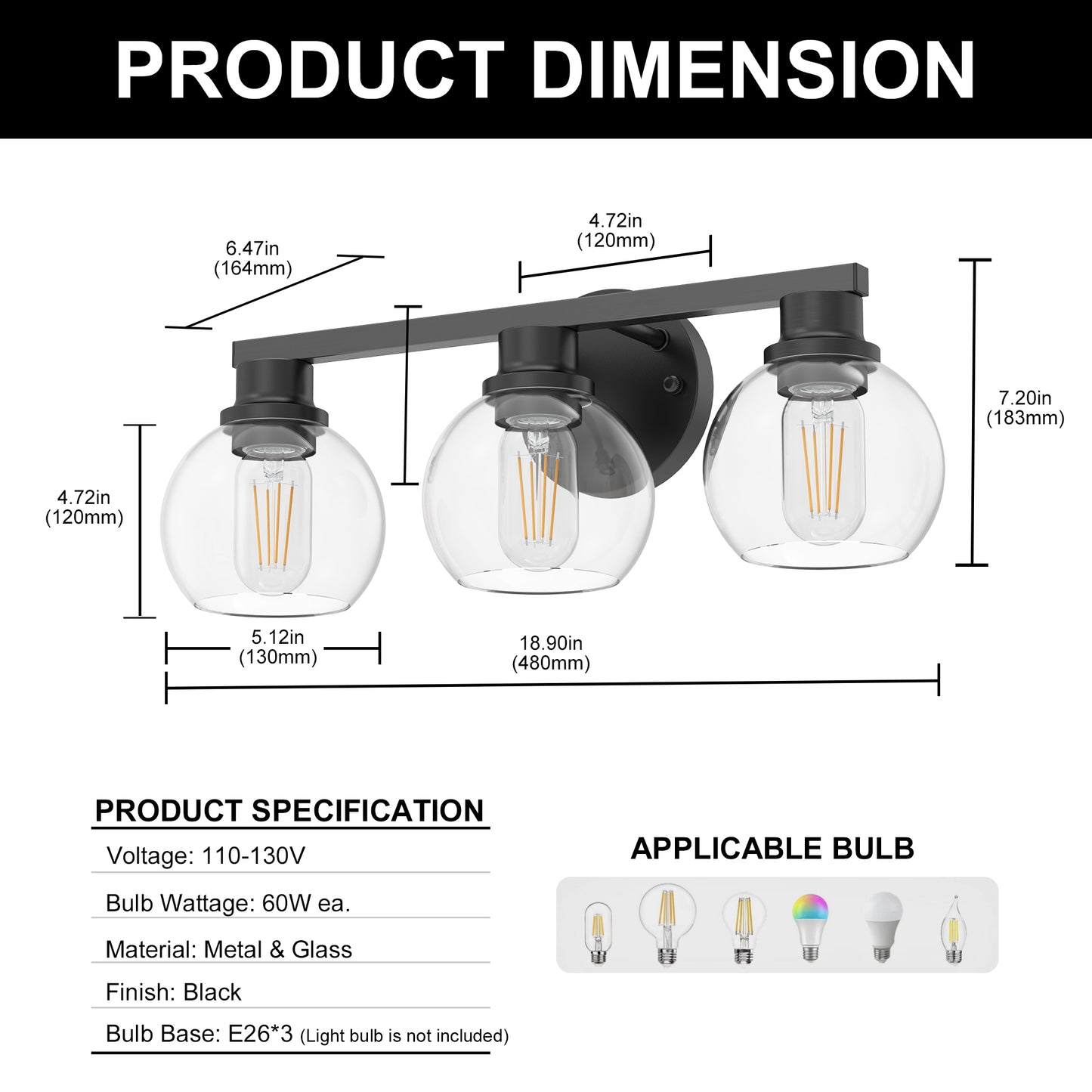 19 in. 3-Light Black Bathroom Vanity Light, LED Interior Powder Room Lighting with Clear Globe Shades