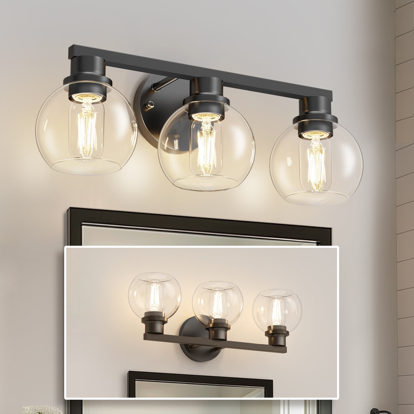 19 in. 3-Light Black Bathroom Vanity Light, LED Interior Powder Room Lighting with Clear Globe Shades
