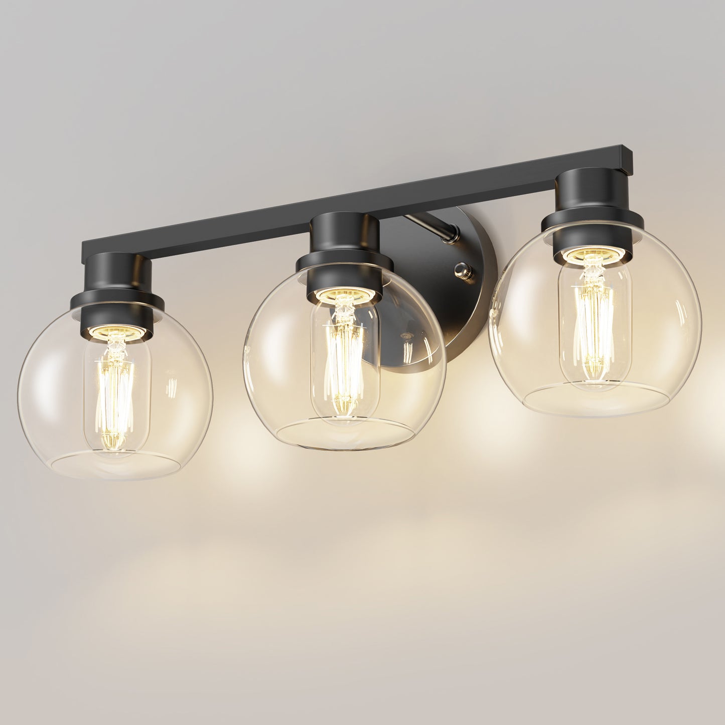 19 in. 3-Light Black Bathroom Vanity Light, LED Interior Powder Room Lighting with Clear Globe Shades