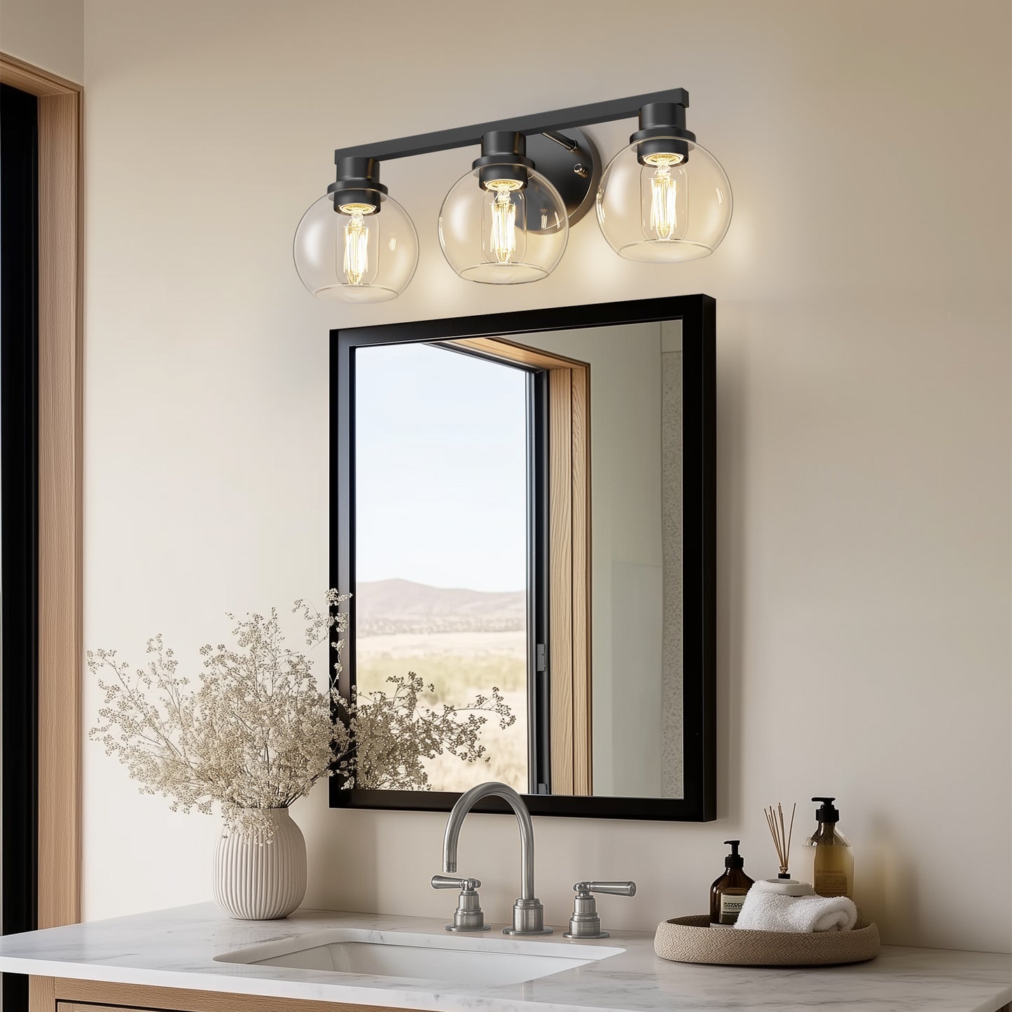 19 in. 3-Light Black Bathroom Vanity Light, LED Interior Powder Room Lighting with Clear Globe Shades