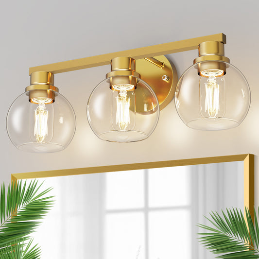 19 in. 3-Light Gold Bathroom Vanity Light, LED Interior Powder Room Lighting with Clear Globe Shades