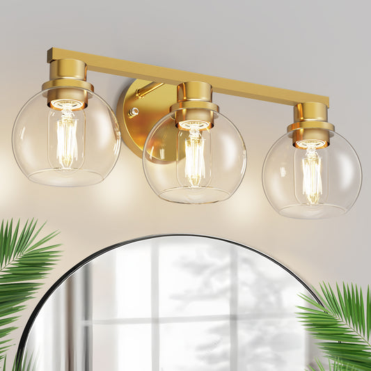 19 in. 3-Light Gold Bathroom Vanity Light, LED Interior Powder Room Lighting with Clear Globe Shades