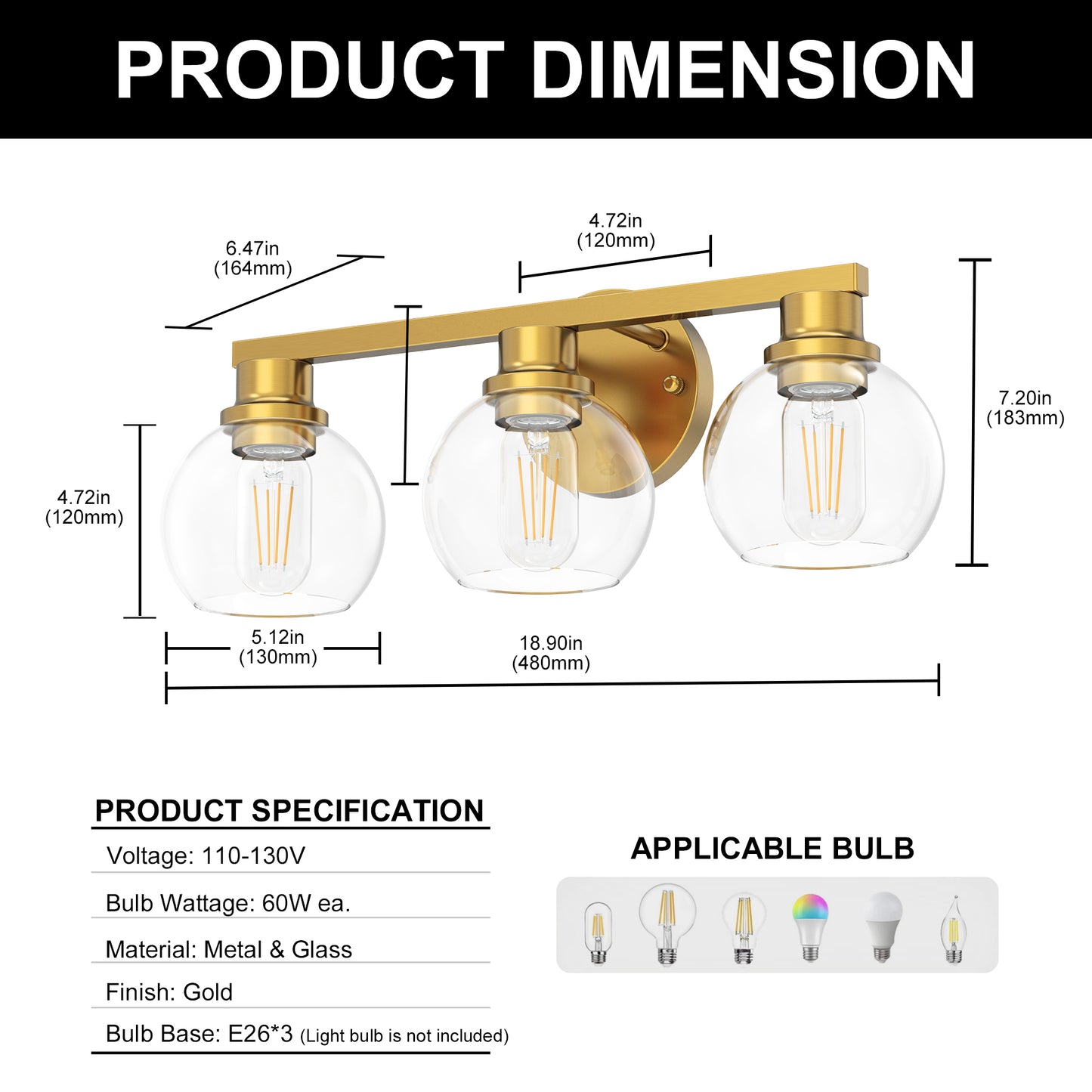 19 in. 3-Light Gold Bathroom Vanity Light, LED Interior Powder Room Lighting with Clear Globe Shades