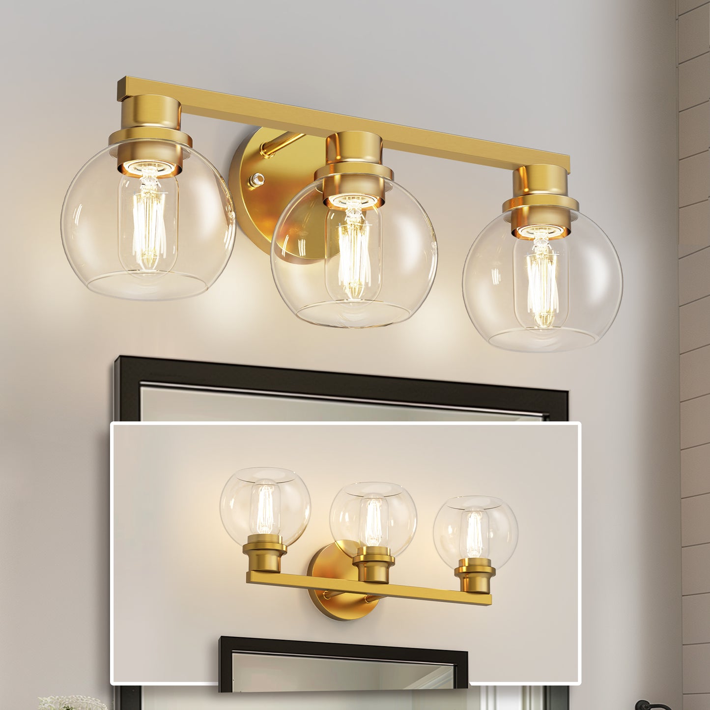 19 in. 3-Light Gold Bathroom Vanity Light, LED Interior Powder Room Lighting with Clear Globe Shades