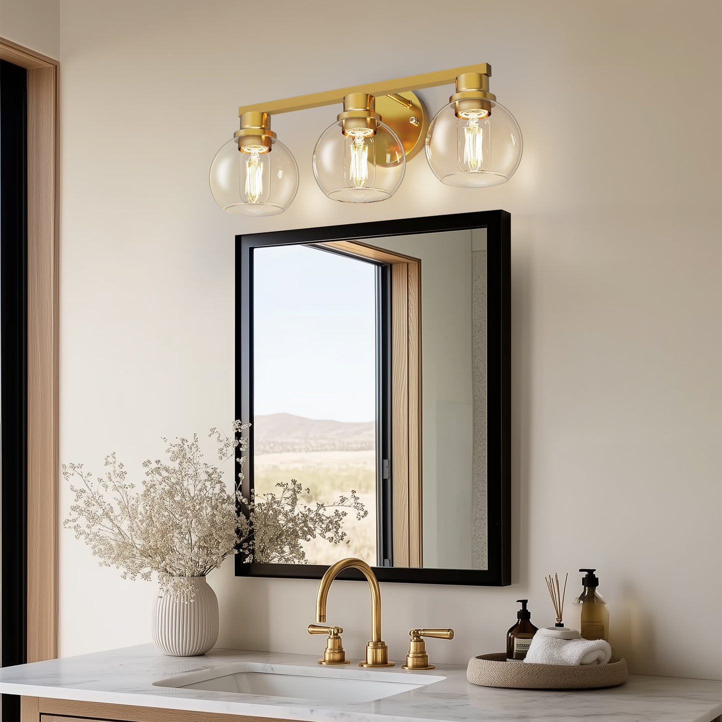19 in. 3-Light Gold Bathroom Vanity Light, LED Interior Powder Room Lighting with Clear Globe Shades