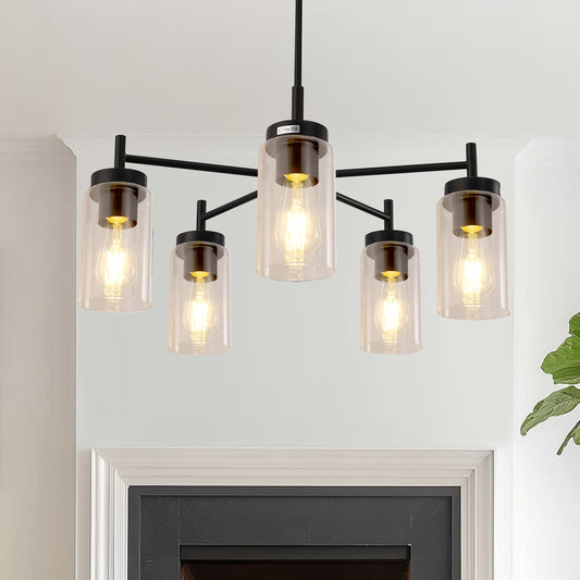 5-Light Black Pendant Light with Clear Glass Shades - Adjustable Modern Chandelier for Living Room or Foyer