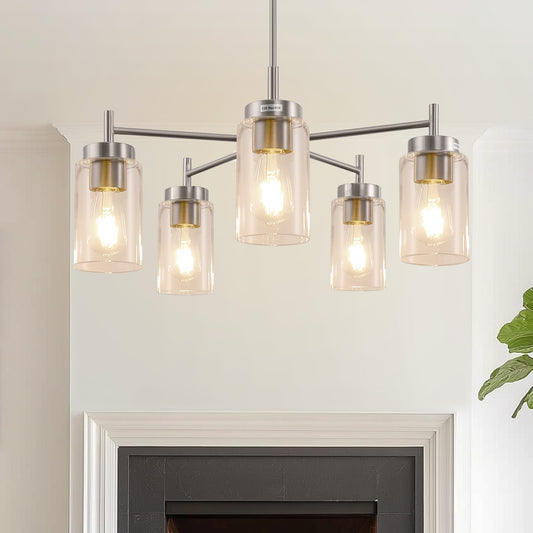 5-Light Nickel Pendant Light with Clear Glass Shades - Adjustable Chandelier for Dining Room, Kitchen, or Foyer