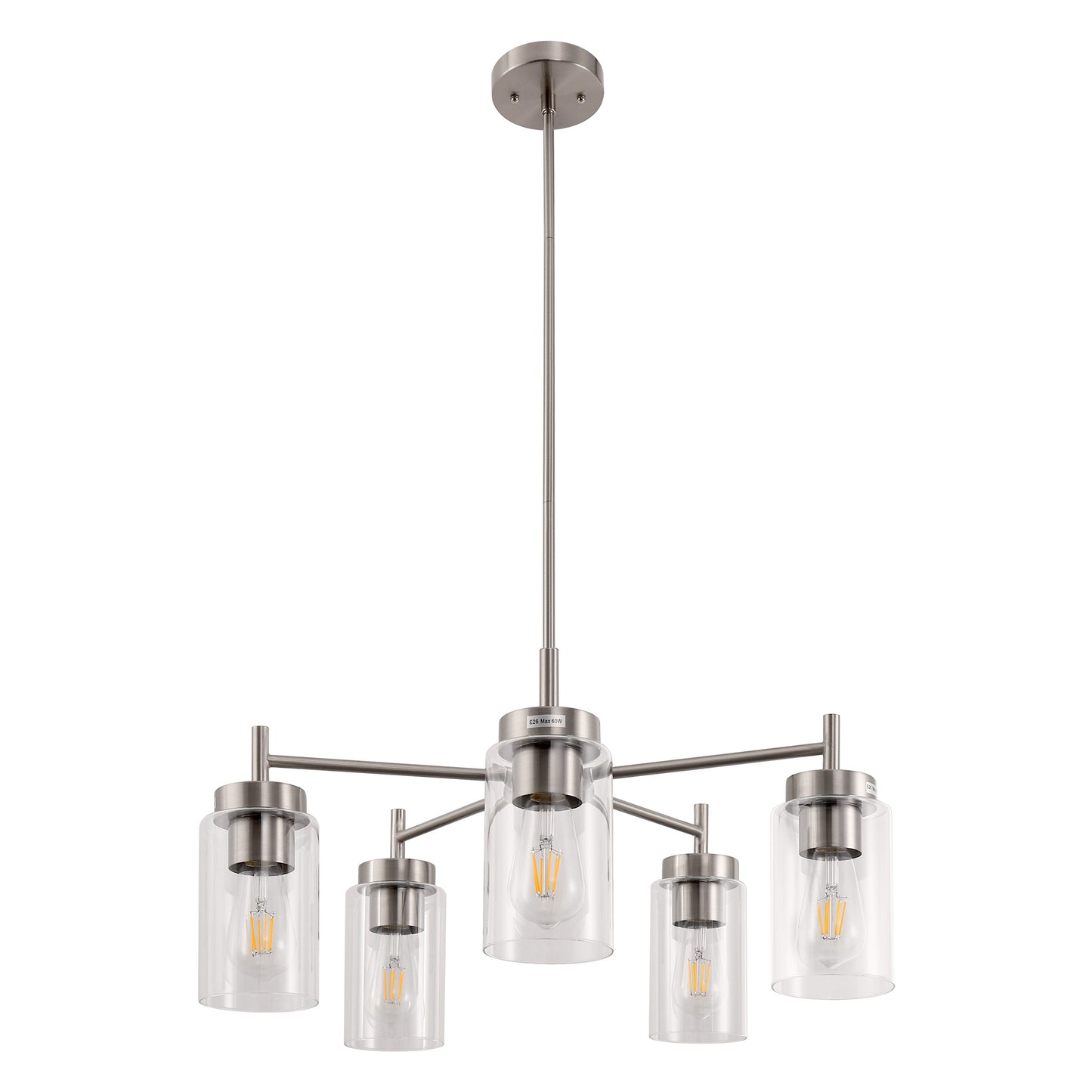5-Light Nickel Pendant Light with Clear Glass Shades - Adjustable Chandelier for Dining Room, Kitchen, or Foyer