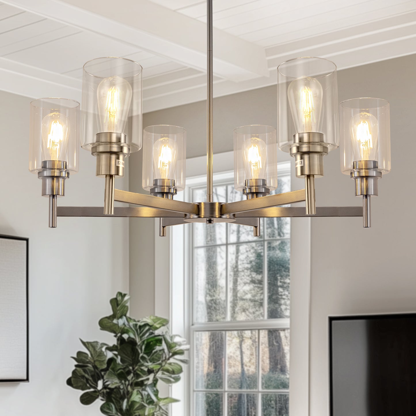 6-Light Brushed Nickel Farmhouse Chandelier - Clear Glass Shade Pendant Light Fixture for Living Room or Dining Room