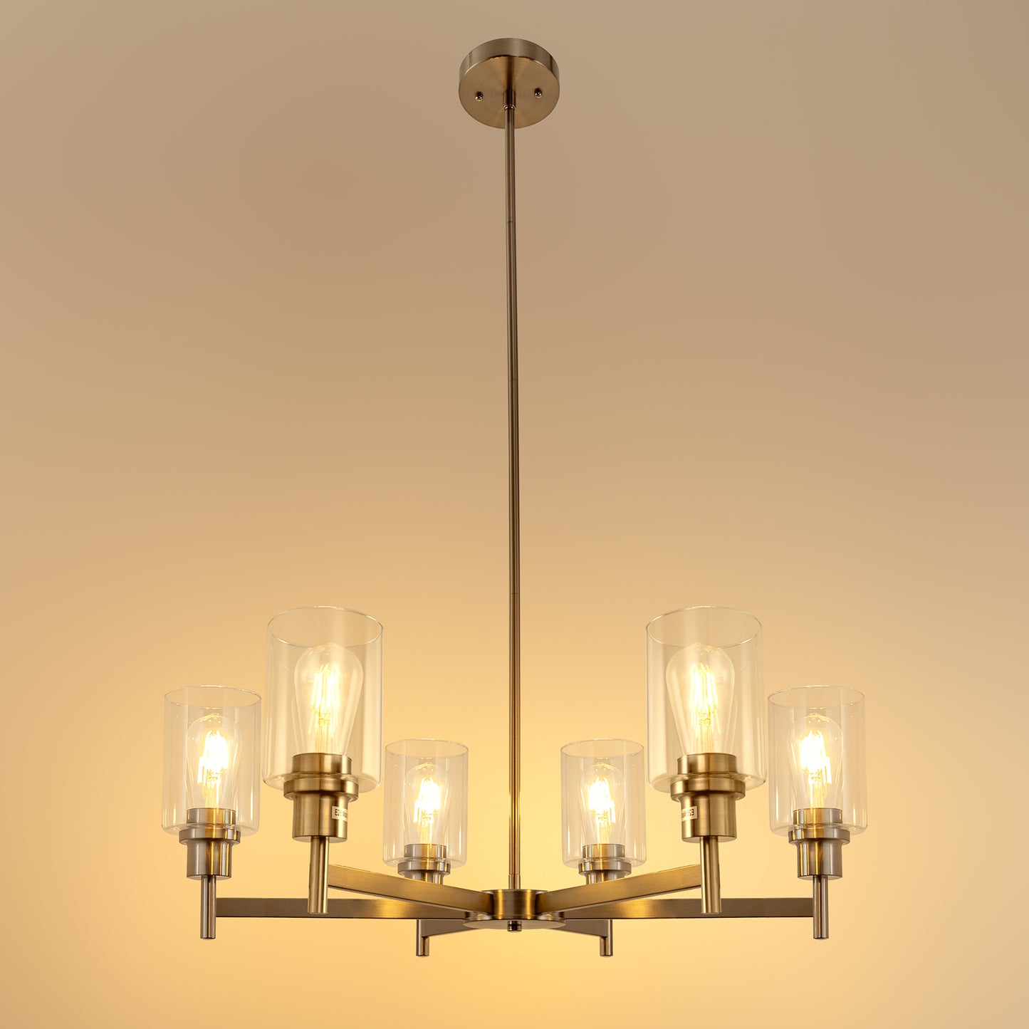 6-Light Brushed Nickel Farmhouse Chandelier - Clear Glass Shade Pendant Light Fixture for Living Room or Dining Room
