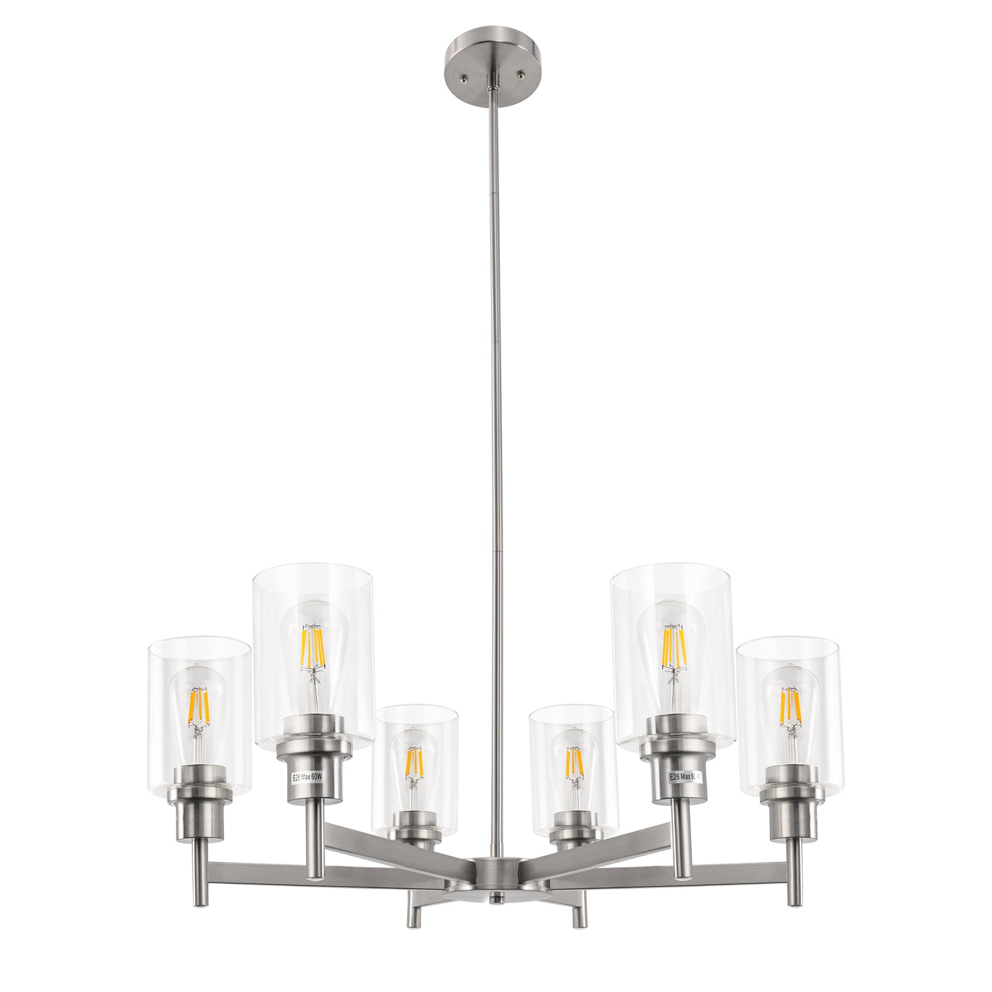 6-Light Brushed Nickel Farmhouse Chandelier - Clear Glass Shade Pendant Light Fixture for Living Room or Dining Room