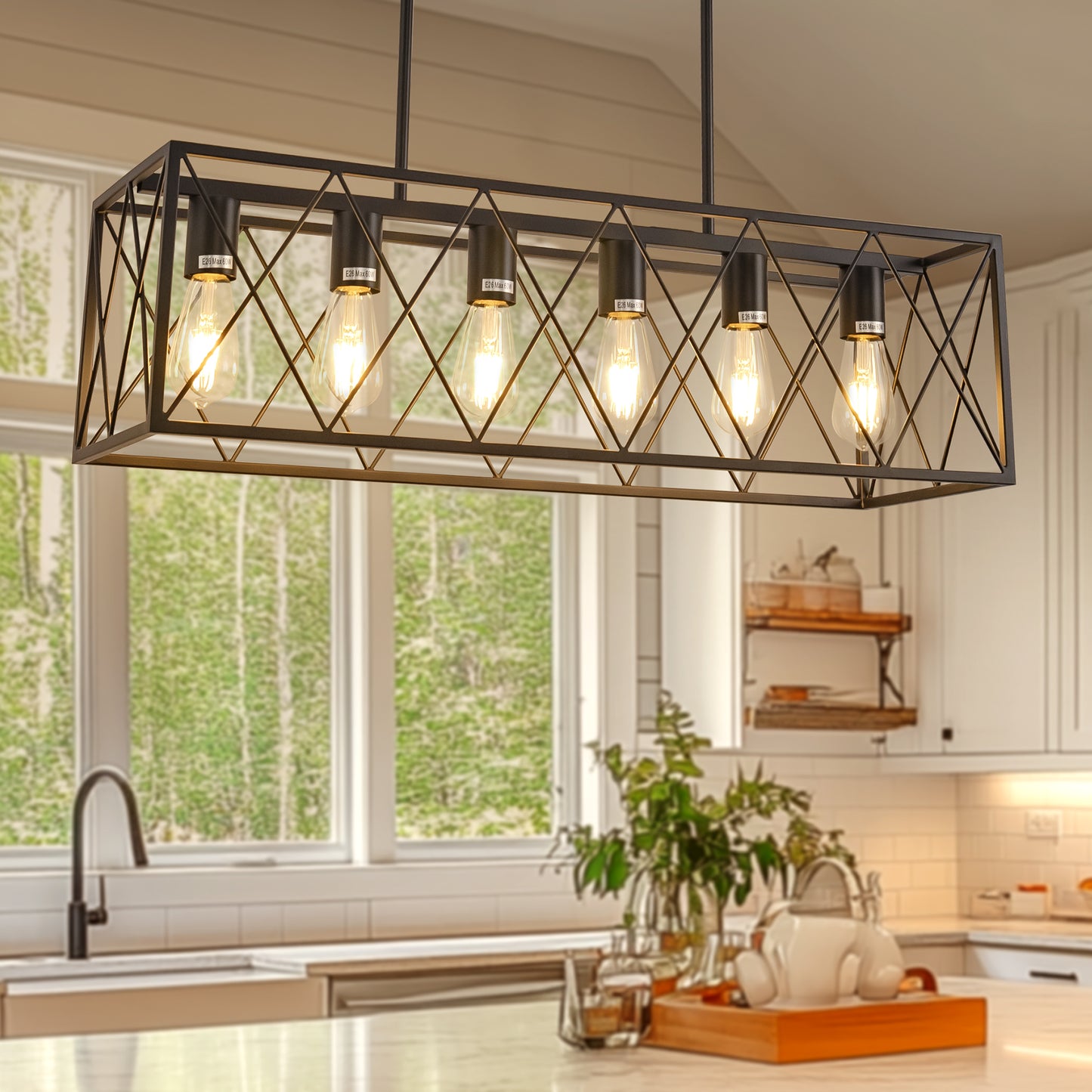 6-Light Modern Rectangle Chandelier for Dining Room - Large Black Farmhouse Kitchen Island Light Fixture