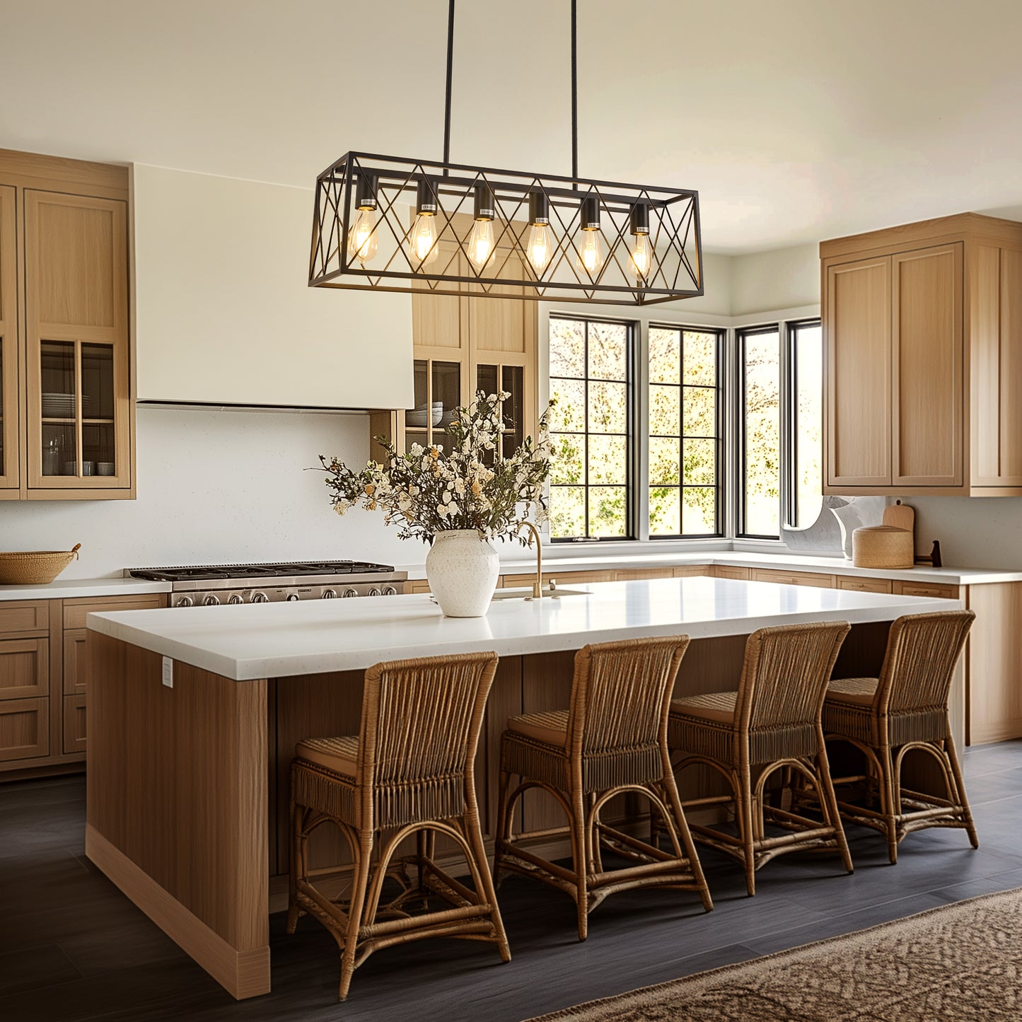 6-Light Modern Rectangle Chandelier for Dining Room - Large Black Farmhouse Kitchen Island Light Fixture