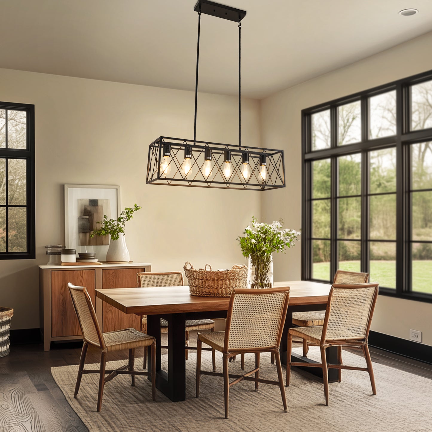 6-Light Modern Rectangle Chandelier for Dining Room - Large Black Farmhouse Kitchen Island Light Fixture