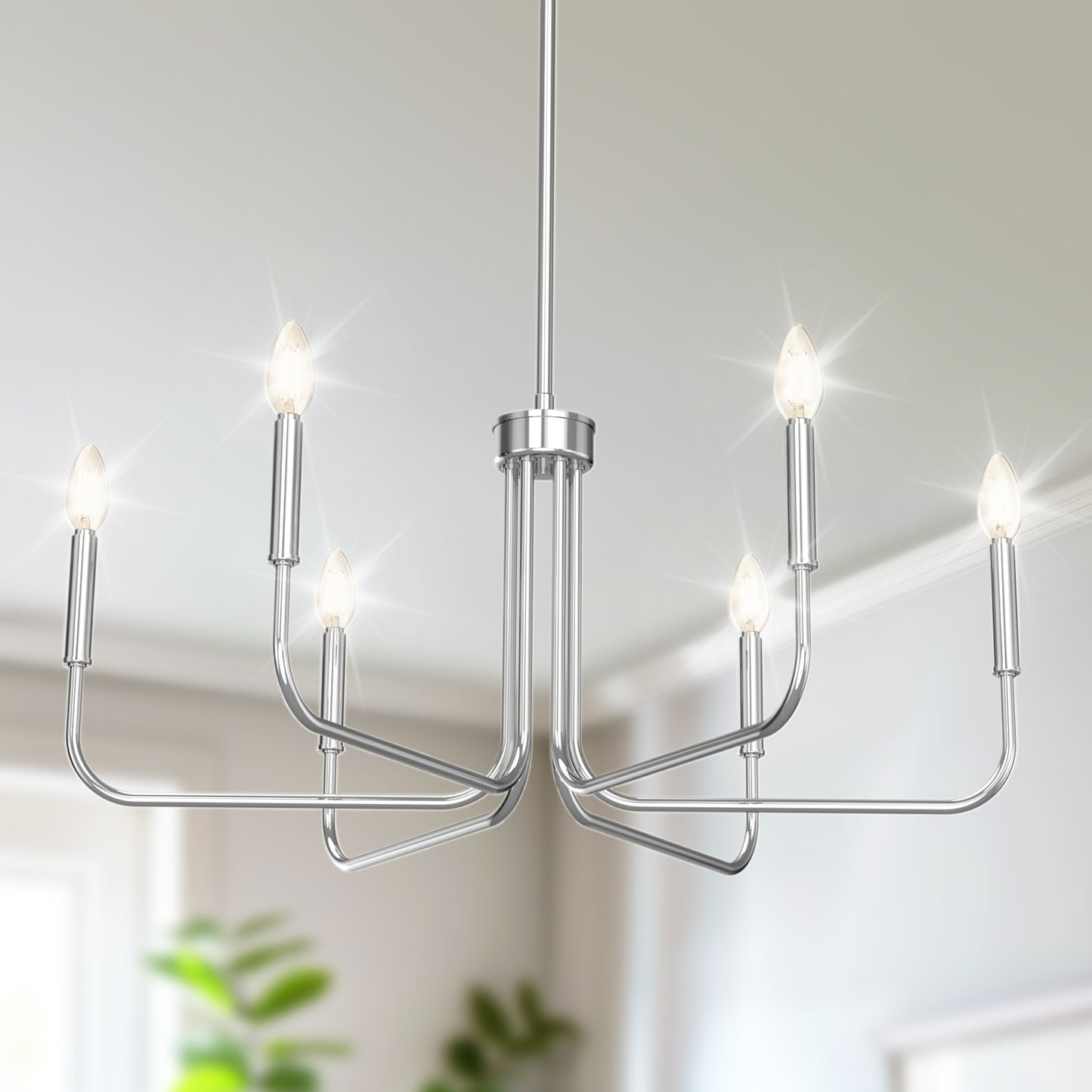 YANSUN 6-Light Chrome Candle Chandelier, 28-Inch Straight Rod Hang light for Dining Room or Living Room No Bulbs Included