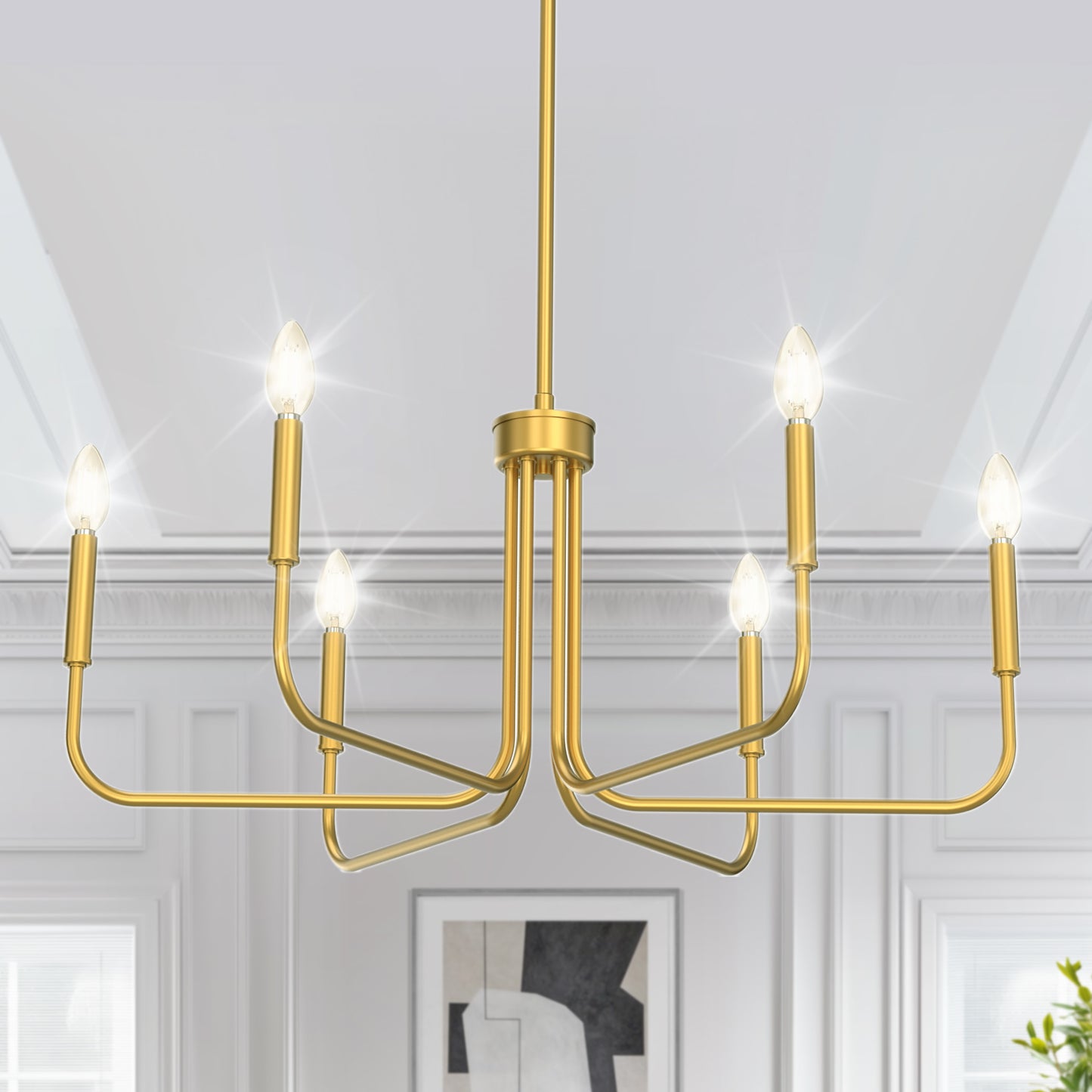 28 in. 6-Light Gold Farmhouse Rustic Candle Ceiling Chandelier Light, Adjustable Height for Dining Room