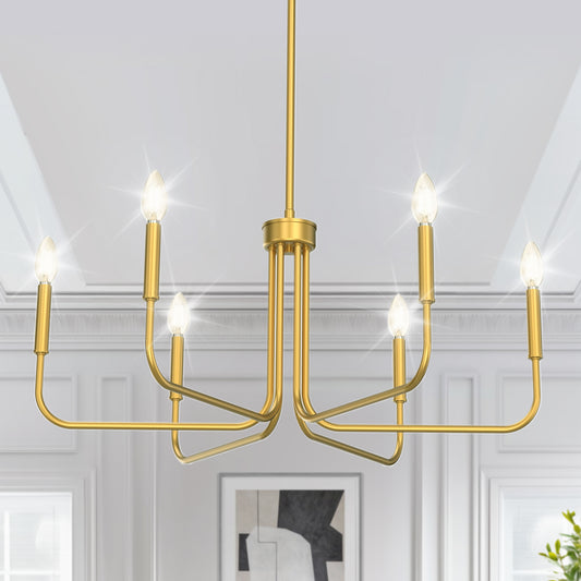 28 in. 6-Light Gold Farmhouse Rustic Candle Ceiling Chandelier Light, Adjustable Height for Dining Room