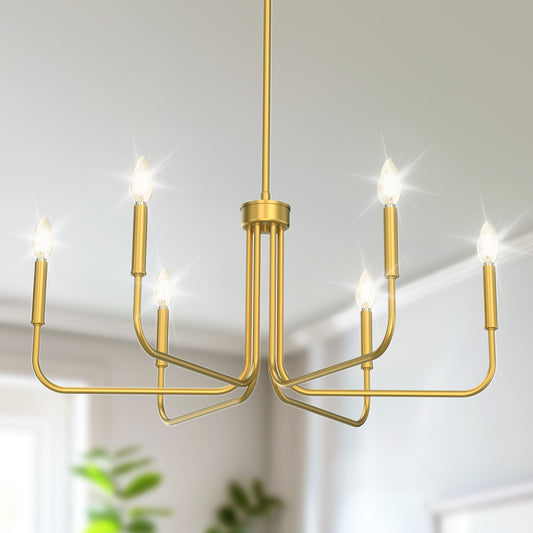 28 in. 6-Light Gold Farmhouse Rustic Candle Ceiling Chandelier Light, Adjustable Height for Dining Room