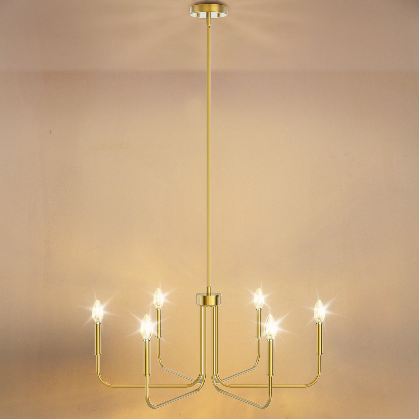 28 in. 6-Light Gold Farmhouse Rustic Candle Ceiling Chandelier Light, Adjustable Height for Dining Room